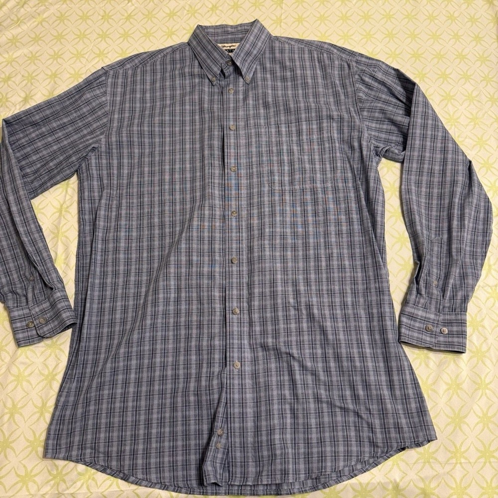 Wrangler Riata Men's‎ Sz XLT Long Sleeve Shirt Plaid Blue
